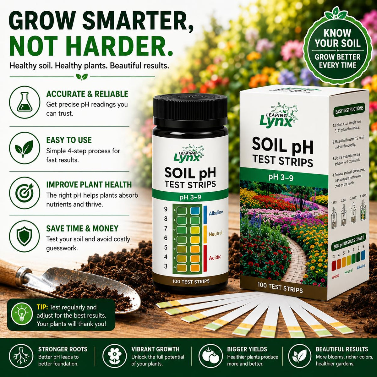 Soil pH Test Kit (3-9 Range) – 100 Test Strips for Garden, Lawn, Vegetable & Flower Beds | Quick & Easy Soil pH Monitoring for Indoor & Outdoor Plants | Leaping Lynx
