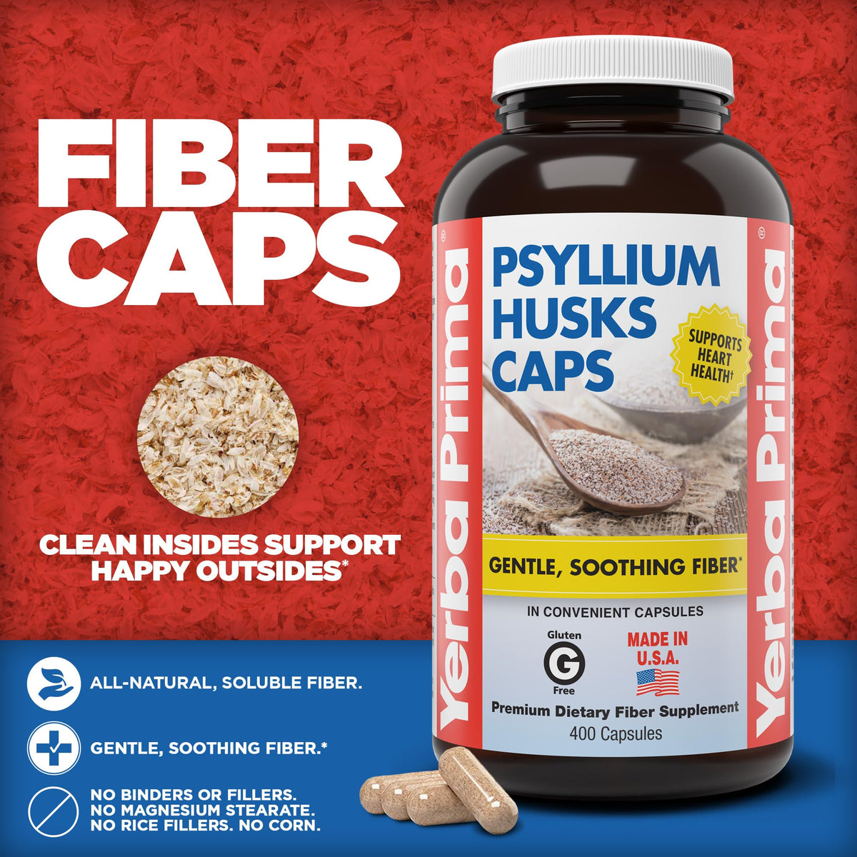Yerba Prima Psyllium Husks Caps, 400 Capsules - Natural Fiber for Men and Women - Regularity Support Supplement