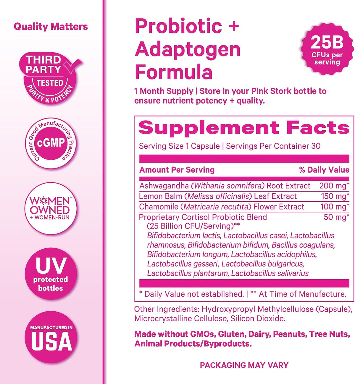 Pink Stork Cortisol Probiotic for Women, 30 Capsules | Ashwagandha, Lemon Balm, Chamomile, 25 Billion CFU, Mood and Adrenal Support, Gut Health, Energy, Focus, Cortisol Management
