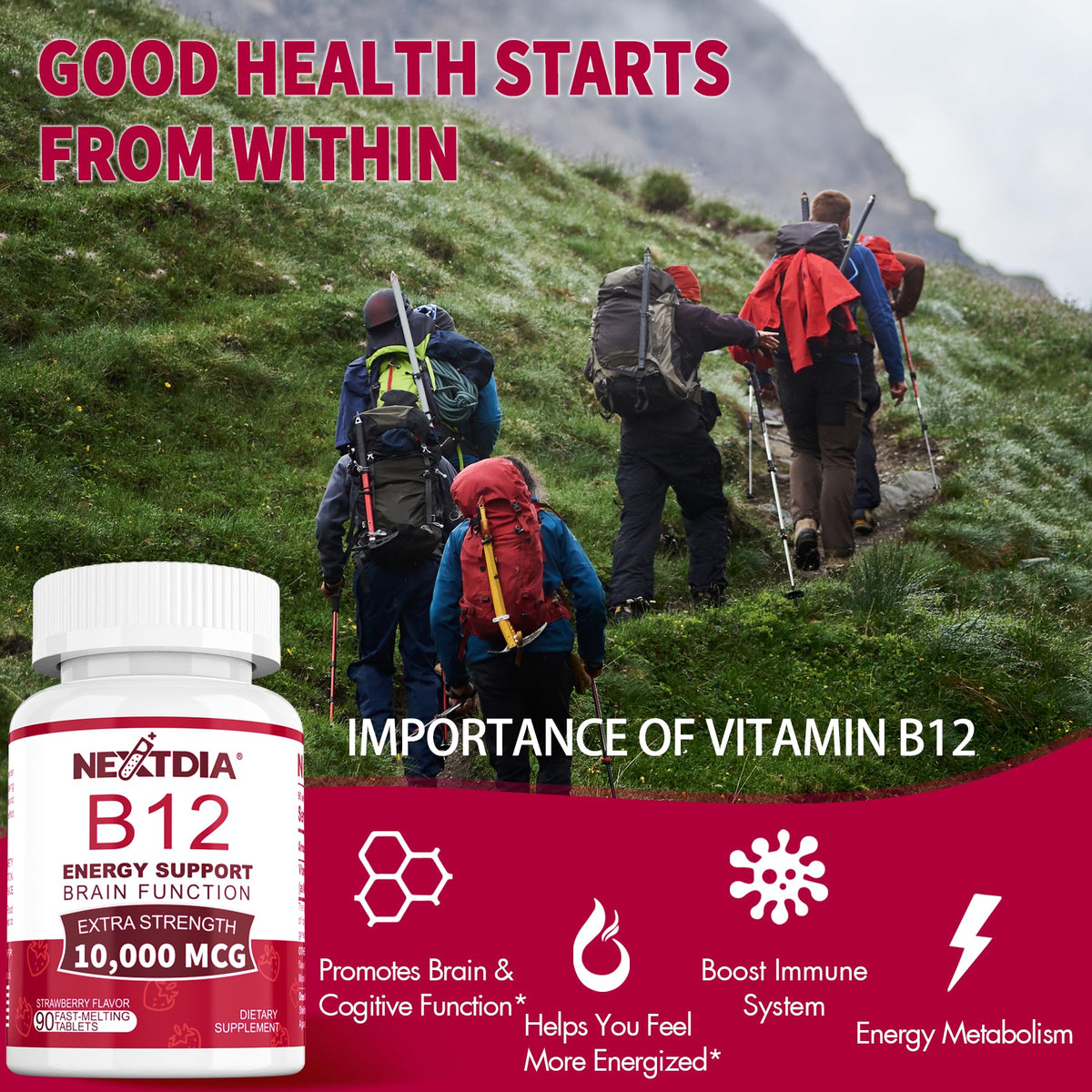 B12 Vitamins 10,000 mcg, Methylated Vitamin B12 Sublingual - Energy Boost, Focus, Metabolism & Brain Health Support, Immune System Support, Fast Dissolve, Natural Strawberry Flavor, 180 Servings