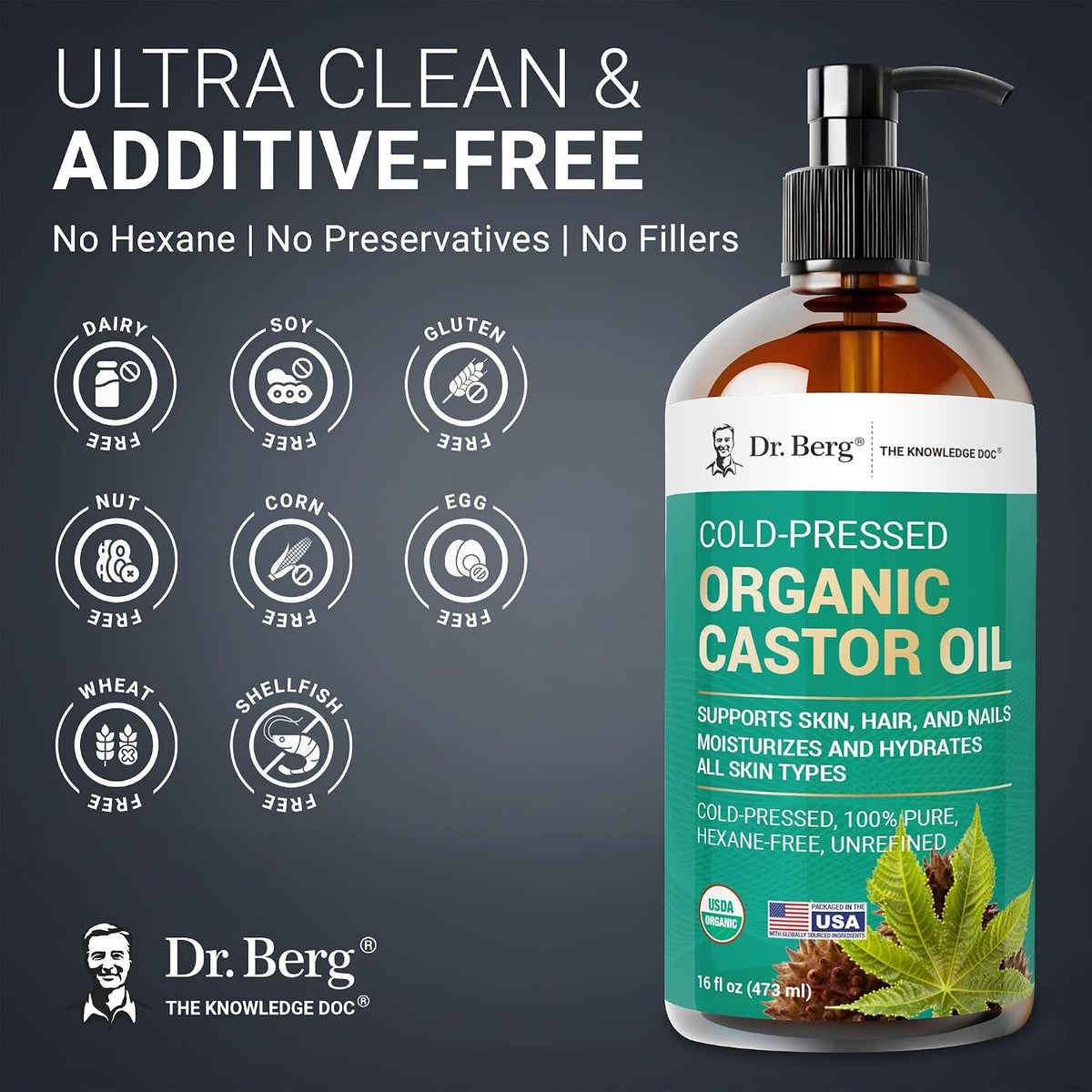 Dr. Berg Organic Castor Oil – 16 fl oz Cold-Pressed Oil – Pure, Unrefined, Single Ingredient – Sourced in India, Bottled in USA – Lab Tested, USDA Organic, Glass Bottle