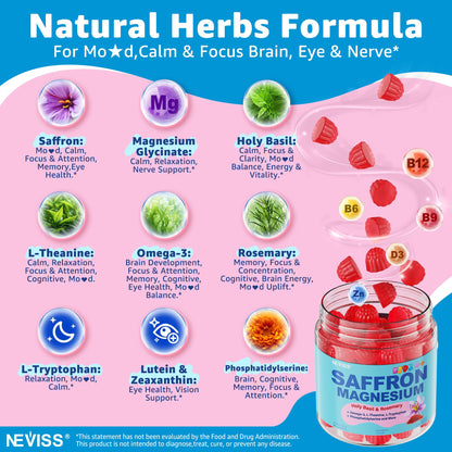 Saffron +Magnesium Glycinate +Omega-3 - Calm Focus Gummies for Kids 4+, Saffron Extract Supplement with L-Theanine, Holy Basil, Rosemary, B6, D3 for Happy Mood, Cognition, Nerve, Sugar Free, 2 Pack