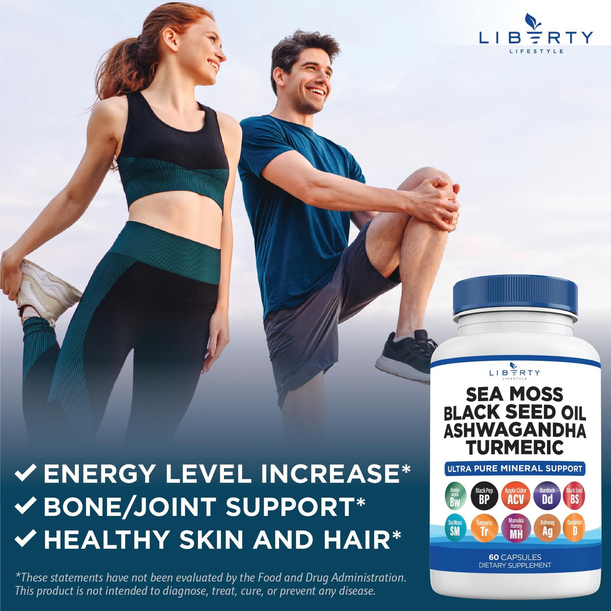 Liberty Lifestyle Sea Moss Black Seed Oil Ashwagandha Turmeric Bladderwrack Burdock - with Manuka, Honey Dandelion, ACV Black Pepper Gluten Free - 2-Pack