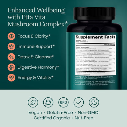 USDA Organic Lions Mane Supplement Capsule, 11-in1 Mushroom Complex 90ct | 10x adaptogenic mushroom supplement with ashwagandha, chaga, reishi, cordyceps, turkey tail, support energy, focus & immunity