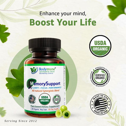 Bodymune MemorySupport Brain Health Formula | Supports Mental Clarity, Recall & Concentration* | USDA Organic Nootropic Blend with Ginkgo Biloba & Ashwagandha | 60 Vegan Caps | Made in USA