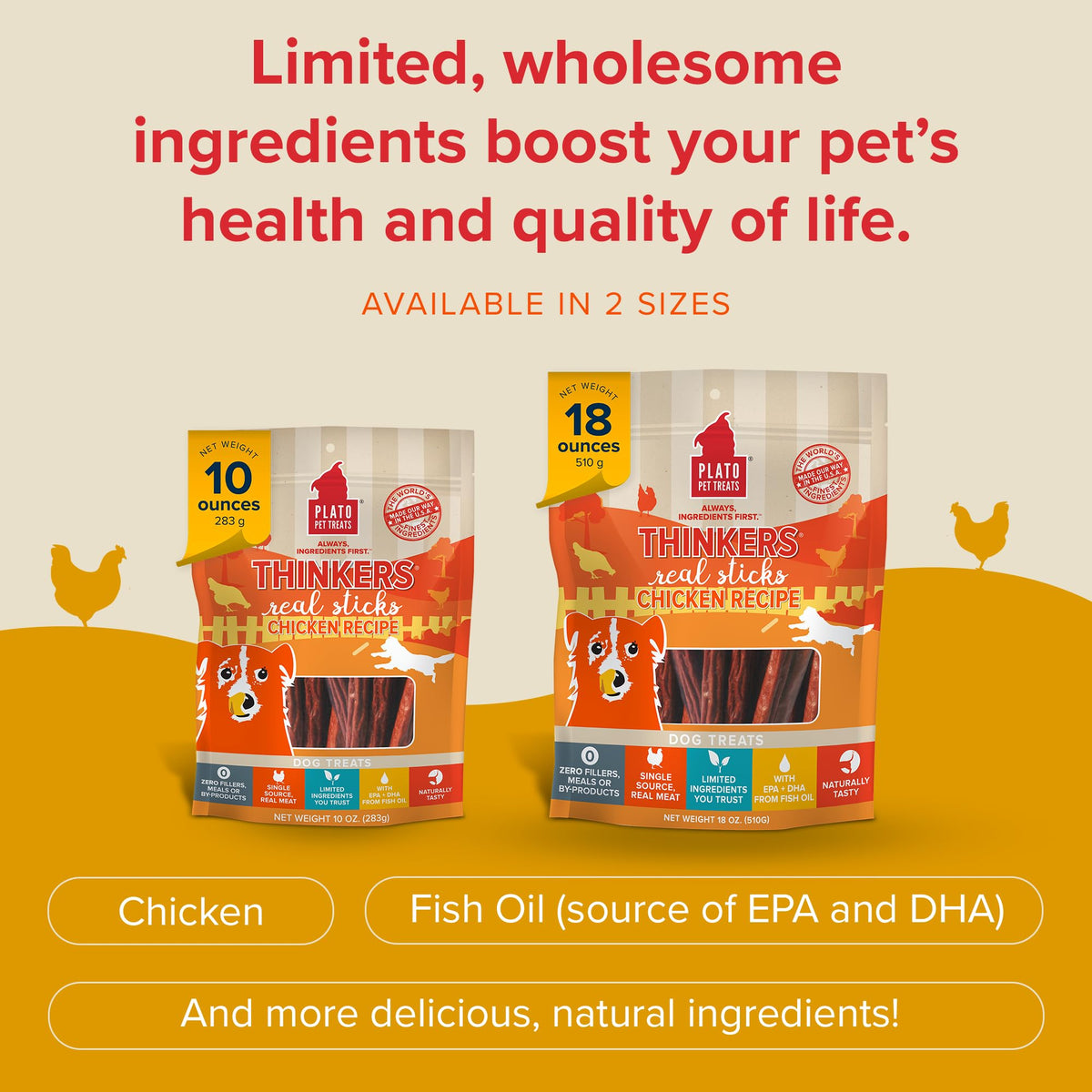 Plato Meat Sticks Salmon Dog Treats, Air-Dried High-Protein Soft Chews with Omega Fish Oil (EPA & DHA), 10 oz
