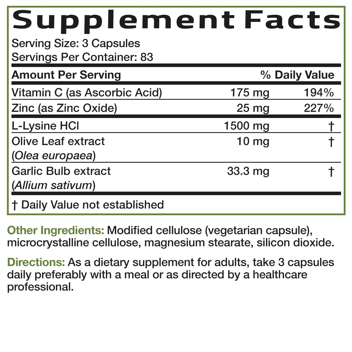 Bronson L-Lysine Defense Immune Support Complex, 1500 mg, 90 Capsules | Essential Amino Acid with Olive Leaf, Garlic, Vitamin C & Zinc, Vegetarian, Non-GMO, Gluten-Free & Soy-Free