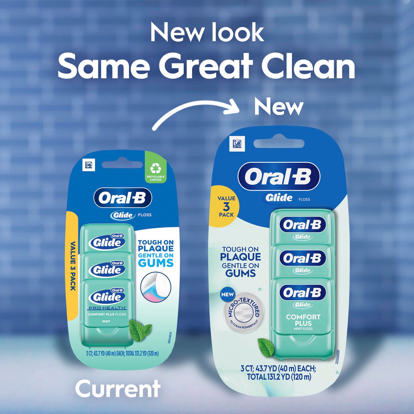 Oral-B Glide Dental Floss, Comfort Plus Mint, 3 Pack (131.2 YD Total) – Shred-Resistant Smooth Dental Tape for Tight Spaces, Natural Wax,