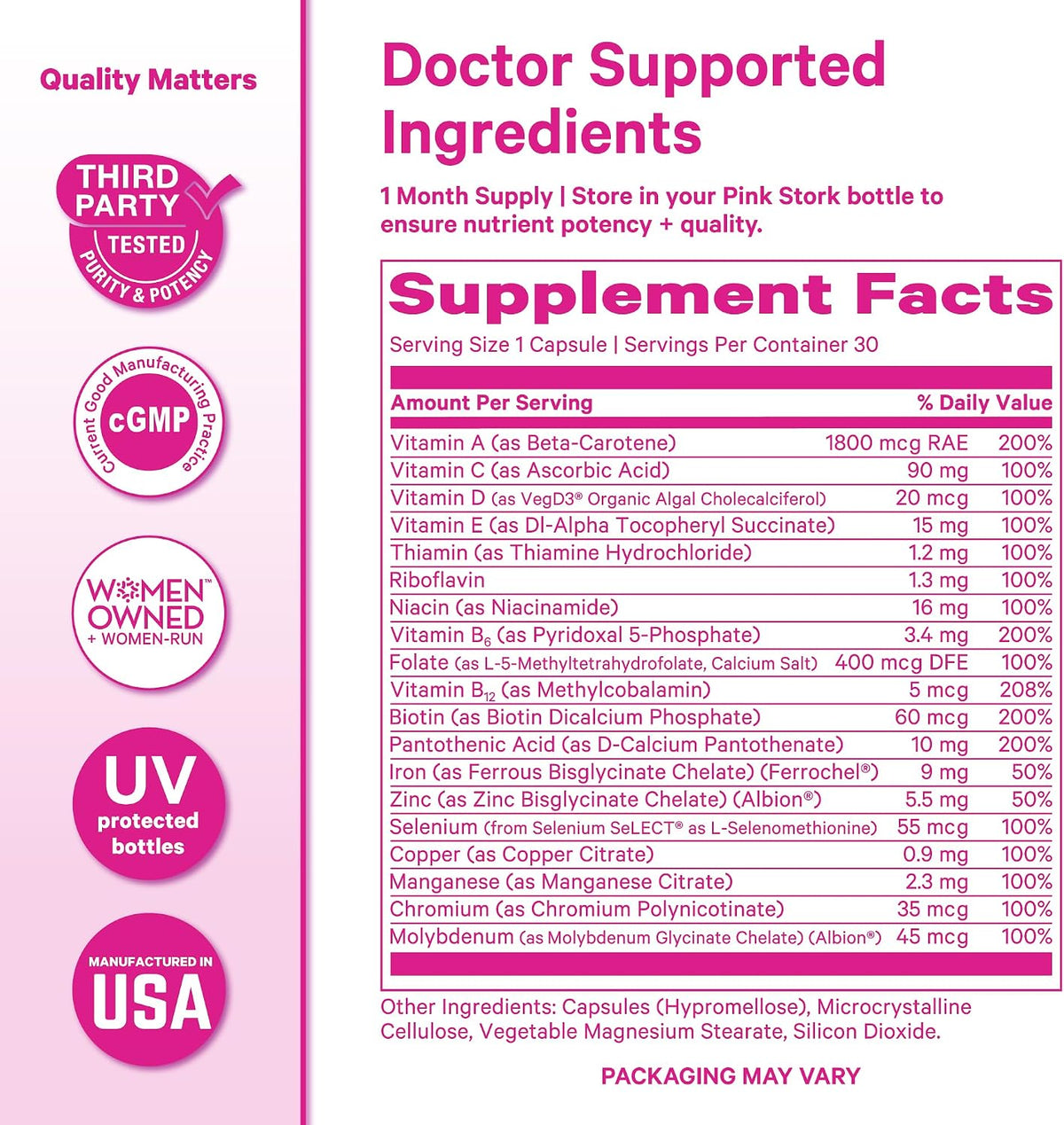 Pink Stork Total Women's Multivitamin - 19 Essential Vitamins for Women & Nutrients – Energy, Metabolism, Hormone, Immune & Mood Support – B6, B12, Biotin, Iron & Zinc – 30 Capsules