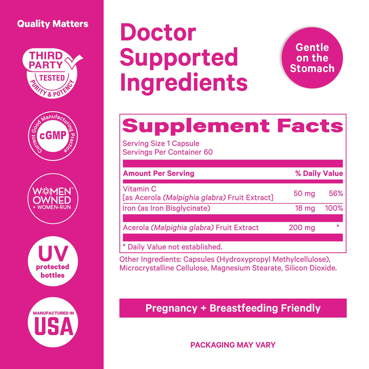 Pink Stork Iron for Women with Vitamin C, 60 Capsules, 2-Month Supply | 18 mg Chelated Iron Bisglycinate + Vitamin C, Supports Energy, Focus + Oxygen, Pregnancy, Postpartum, PMS + Perimenopause