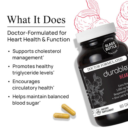 Durable Heart Bergamonte Citrus Bergamot 1000mg + Olive Leaf and Vitamin C Healthy-Cardiovascular Formula for Rate and Pressure, Healthy Cholesterol Pills