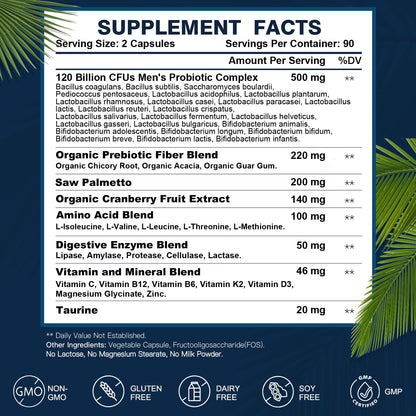 DRFOSTER Probiotics for Men Digestive Health, 120 Billion CFU, 90 Capsules | with Digestive Enzymes & Prebiotics & Saw Palmetto & Cranberry for Gut, Prostate & Urinary Tract Health, Shelf Stable