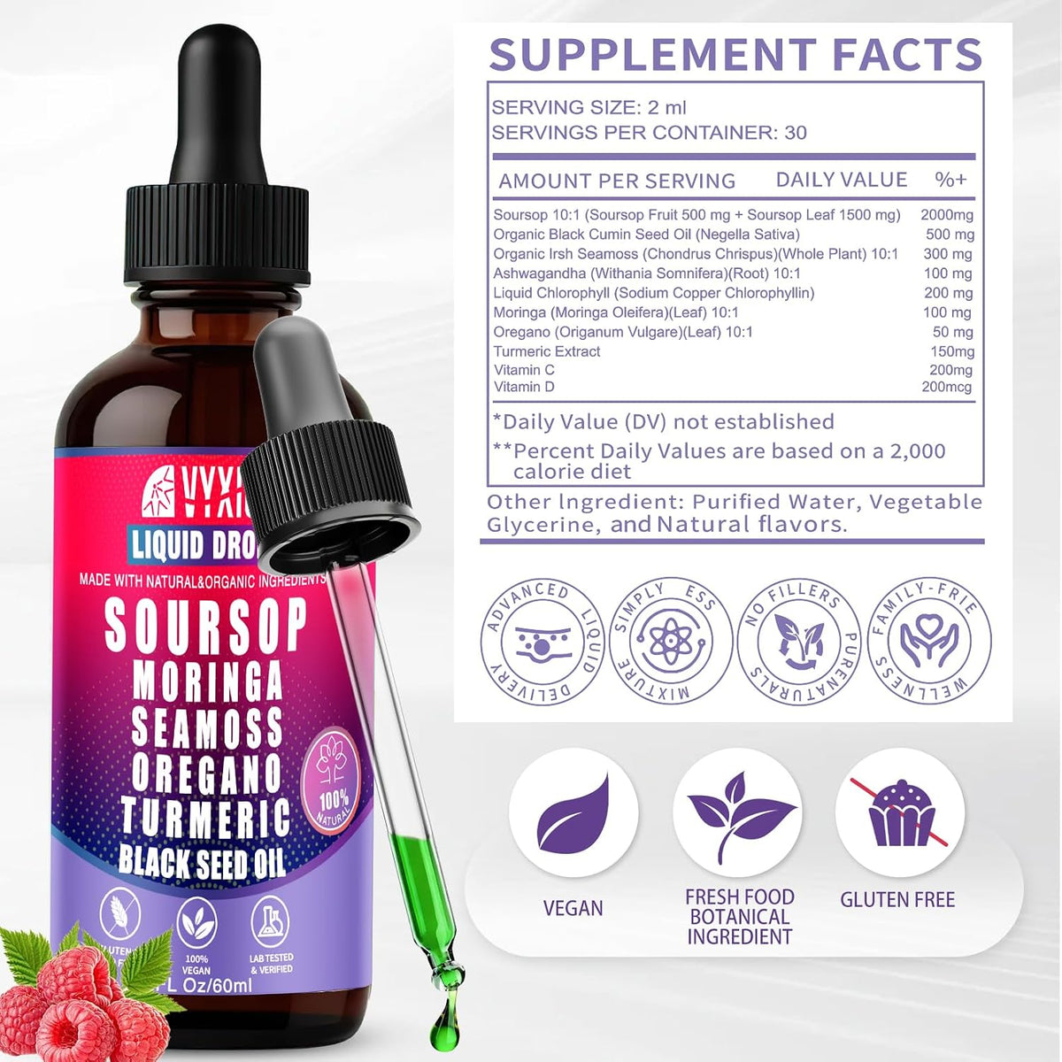 Soursop Bitters Liquid Drops 10 in 1 with Sea Moss, Moringa, Turmeric, Black Seed Oil, Oregano, Ashwagandha | Herbal Extracts for Overall Health-Enhancing |Vegan, Non-GMO| 2 Fl Oz(Mixed Berry Flavor)