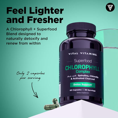 Vital Vitamins Chlorophyll Pills with Spirulina, Chlorella & Charcoal | Detoxifies & Freshens from Within, Natural Body Deodorizer, Superfood Complex for Women & Men, 60 Capsules
