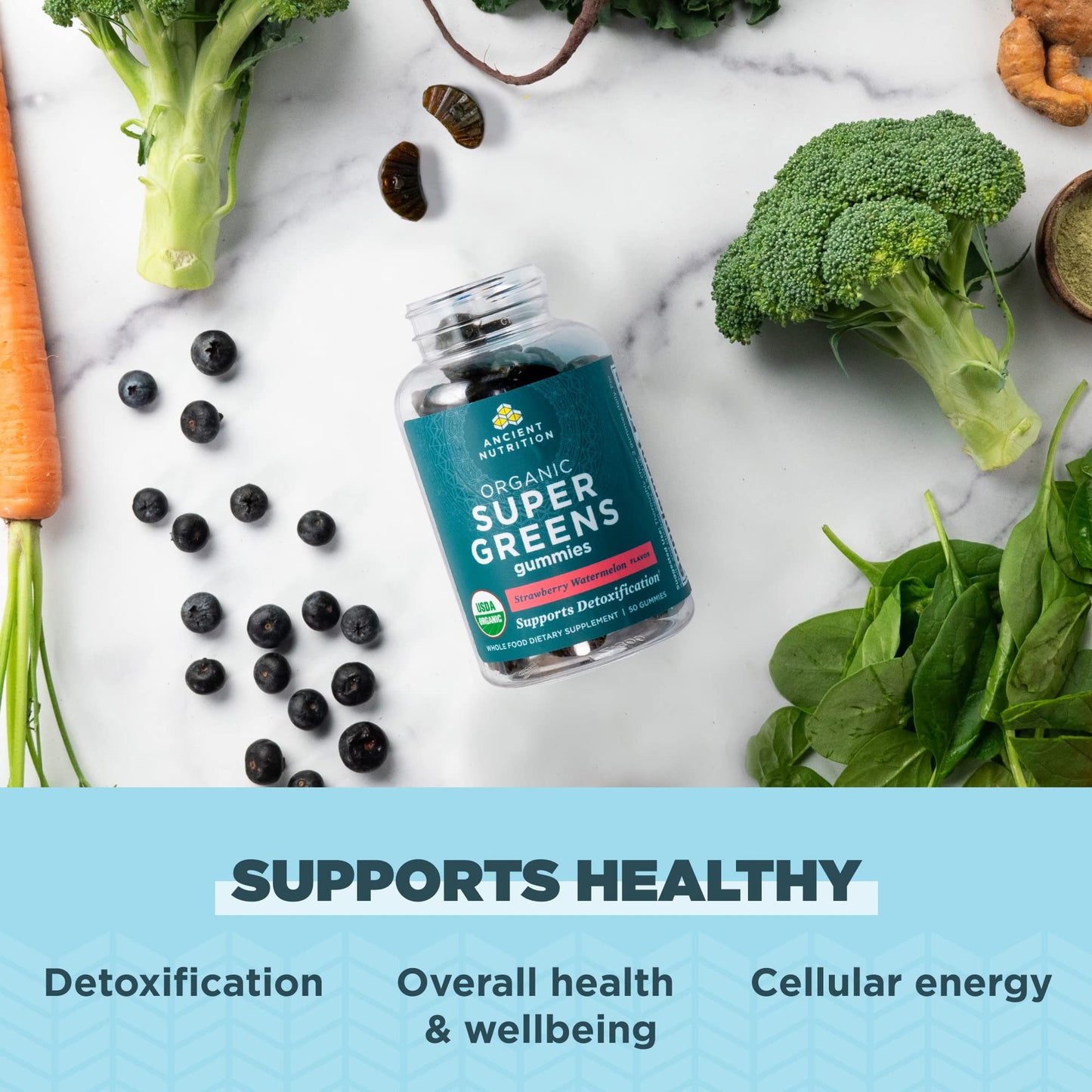 Ancient Nutrition Supergreens Gummy, Organic Superfood Gummy Made from Real Fruits, Vegetables and Herbs, for Digestive and Energy Support, 100 Count, Strawberry Watermelon Ancient NutritionBuy Supplements Australia
