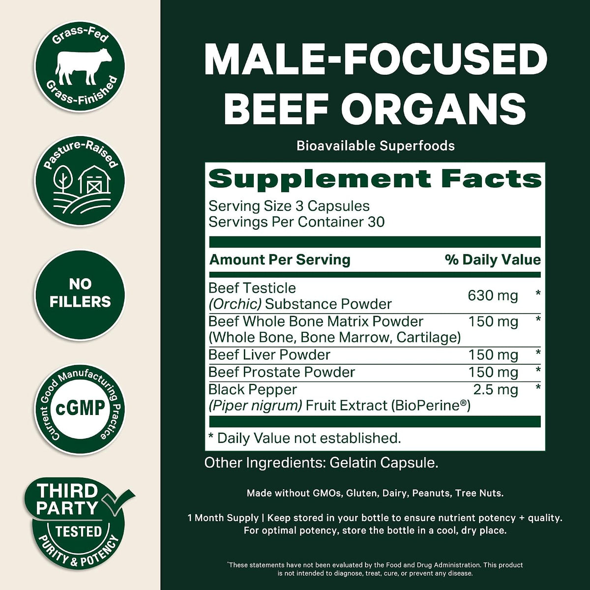 Pink Stork Men's Beef Organ Complex, Bioavailable Superfoods, 30 Servings | Grass-Fed, Grass-Finished Beef Liver, Testicle, Prostate + Bone Marrow | Supports Energy, Vitality + Men's Health