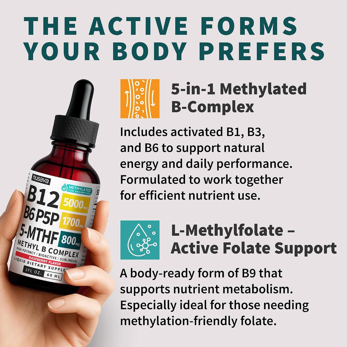 NUSAVA (2-Pack) Methylated B Complex Liquid Drops Raspberry and (2-Pack) Organic Vitamin D3 K2 Drops with MCT Oil Omega 3 - Sublingual Vitamin B12 5000mcg and Liquid D3 5000 IU for Daily Wellness