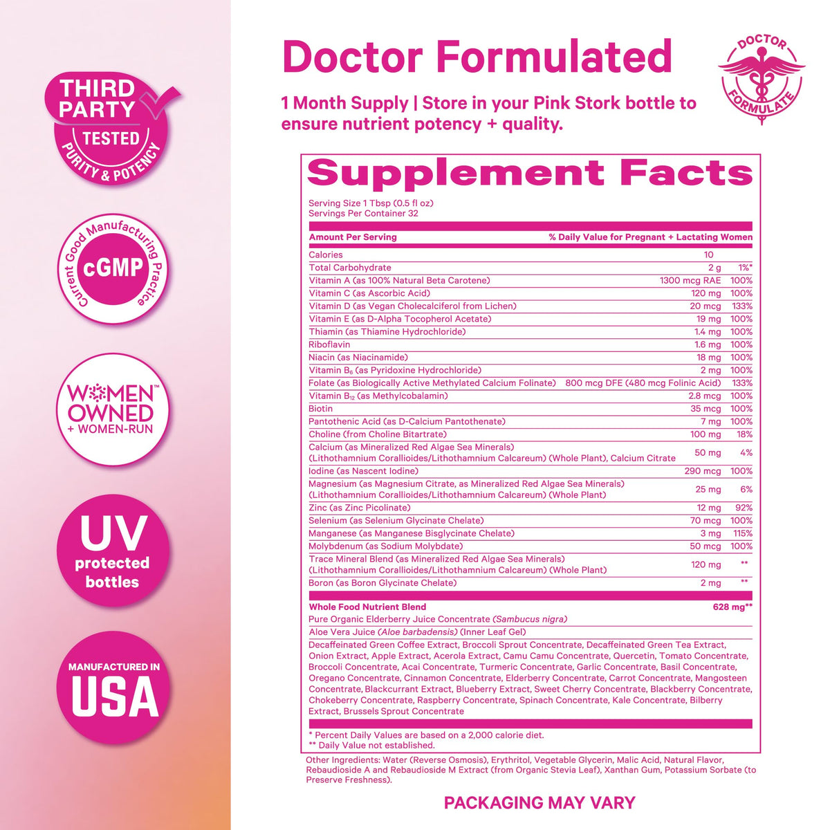 Pink Stork Liquid Prenatal Vitamins for Women – Berry, 32 Servings | Doctor Formulated, Organic Whole-Food Blend, Methylated Folate, Sugar-Free, Fertility to Postpartum, Breastfeeding Friendly