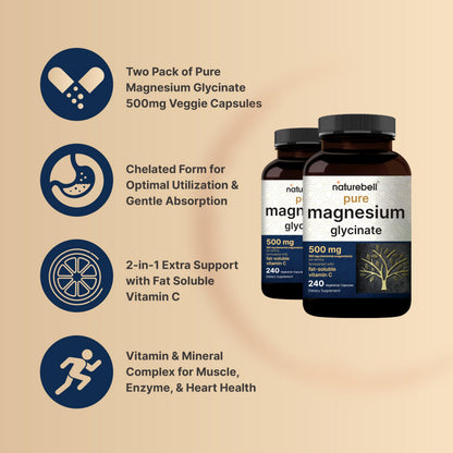 NatureBell Pure Magnesium Glycinate 500mg Per Serving, 240 Veggie Capsules | 100% Chelated & Purified Magnesium Supplement for Women & Men. 3rd Party Tested, Vegan Friendly, Non-GMO, Filler Free.