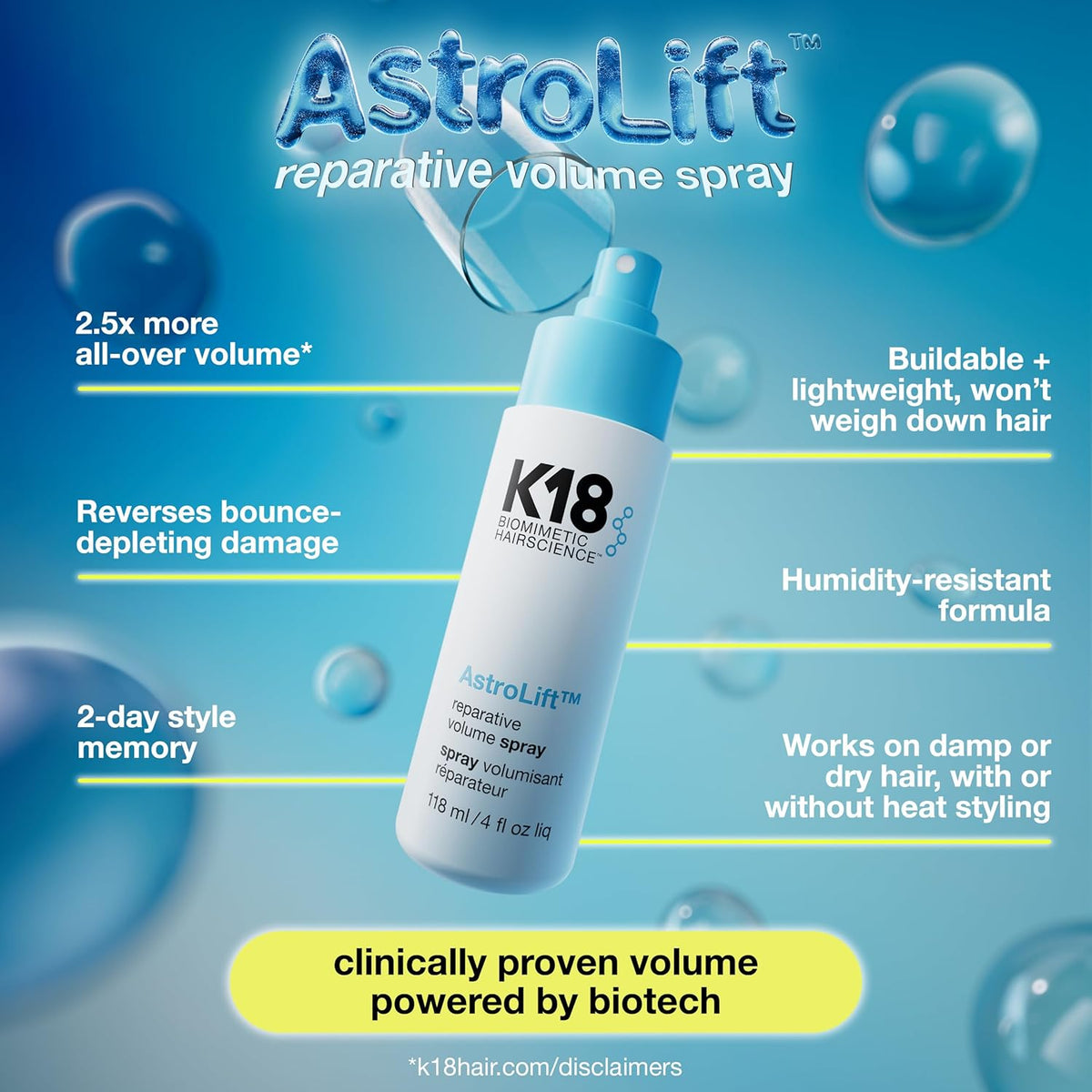 K18 AstroLift™ Reparative Volume Spray, 2-Day Hair Thickening + Hold For Thin, Fine, Fragile Hair, Non-Sticky, Non-Crunchy, Humidity-Resistant Volumizing Spray