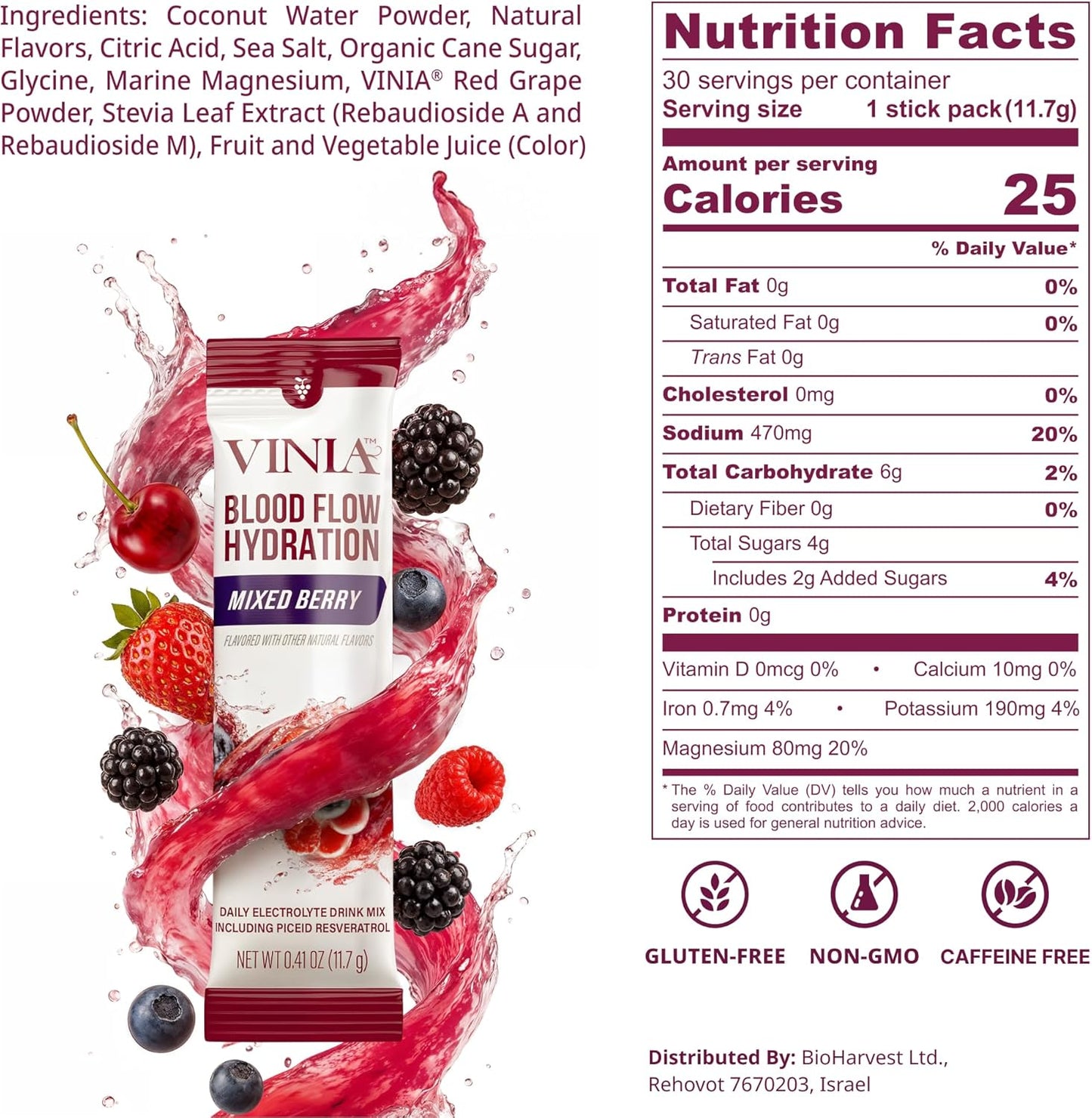 VINIA Resveratrol Electrolyte Hydration Powder Mix | Boost Blood Flow & Circulation | Sea Salt, Coconut Water Potassium, Magnesium, Informed