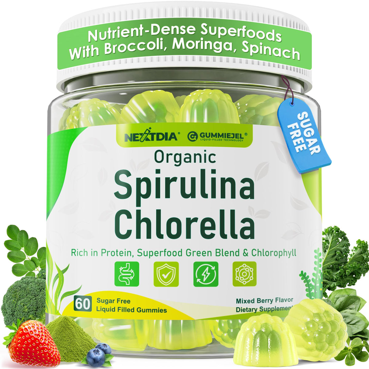 Organic Spirulina Chlorella Gummies + Super Greens, High in Vegan Protein & Chlorophyll, Green Algae + Broccoli，Moringa, Spinach, C, D3, Zinc, B12 for Energy, Gut, Immune, Antioxidant, No Sugar, 60Cts
