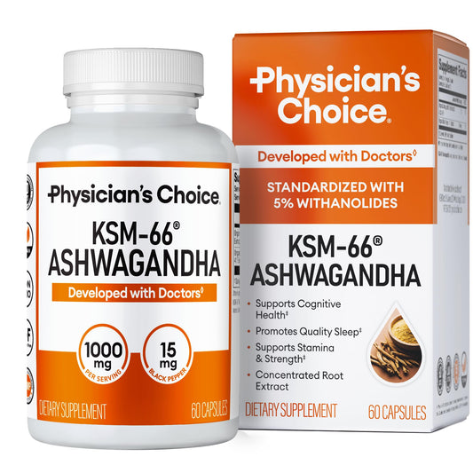 Physician's CHOICE KSM-66 Ashwagandha Root Powder Extract 1,000mg - Organic - with Black Pepper for Maximum Absorption - 5% Withanolides