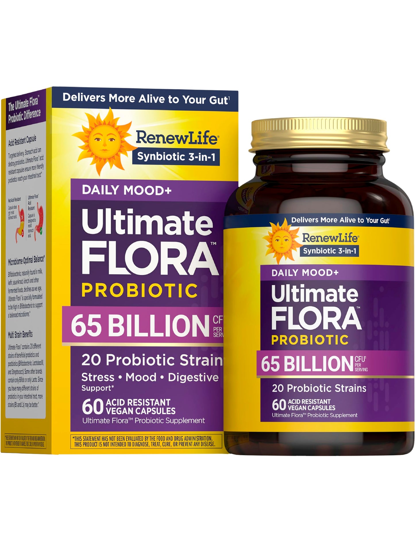 Renew Life Ultimate Flora Probiotics Daily Mood Support 65 Billion CFU Delayed Release Vegan Capsules with Ashwagandha | Digestive Health