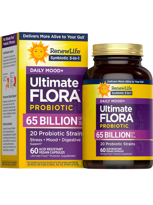 Renew Life Ultimate Flora Probiotics Daily Mood Support 65 Billion CFU Delayed Release Vegan Capsules with Ashwagandha | Digestive Health