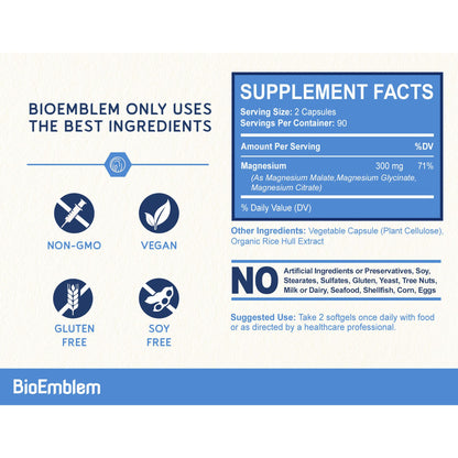BioEmblem Triple Magnesium Complex | 300mg of Magnesium Glycinate, Malate, & Citrate for Muscles, Nerves, & Energy | High Absorption | Vegan, Non-GMO (180 Capsules)