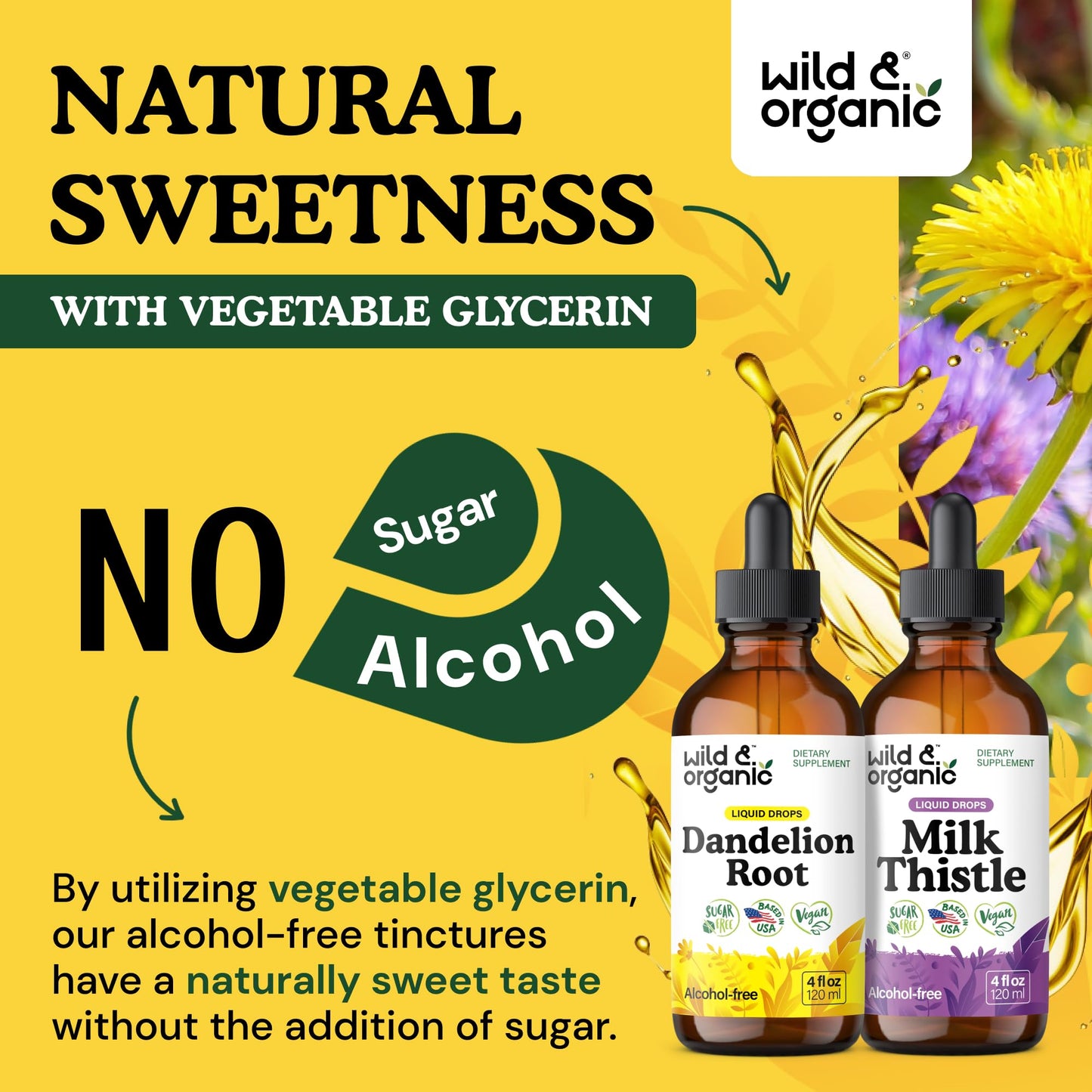 Wild & Organic Dandelion Root Tincture & Milk Thistle Tincture 4 fl oz - Liver Cleanse Detox Support - Dandelion Root Extract Drops - Milk Thistle Supplement - No Sugar & Alcohol