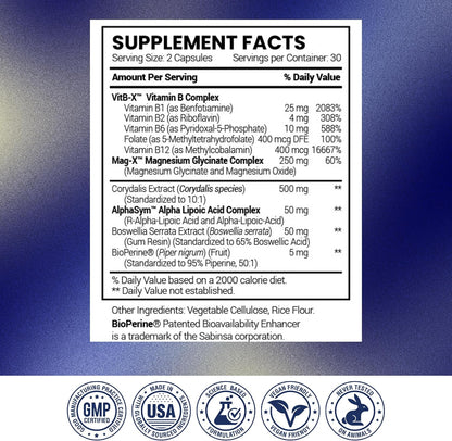 Research Verified Nerve Supplement - ALA, Magnesium, B Vitamins, Boswellia, Corydalis, BioPerine - Antioxidant & Nutritional Support - 60 Vegan Capsules - Pack of 3