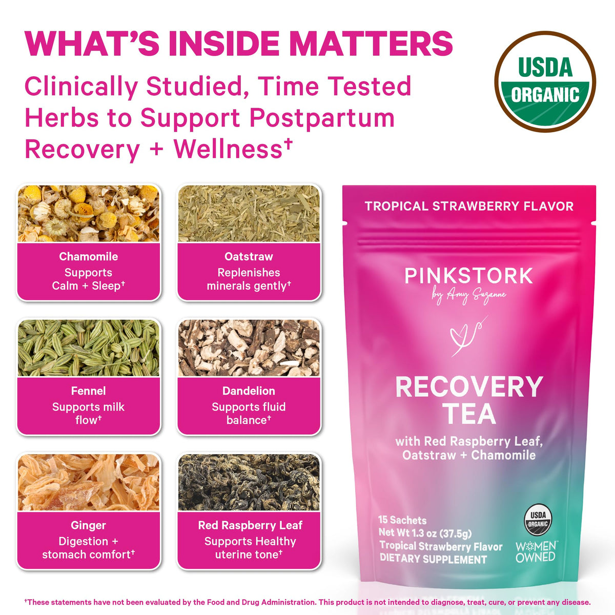 Pink Stork Postpartum Recovery® Herbal Tea, Organic Red Raspberry Leaf with Chamomile, Hormone Balance for Women After Labor & Delivery, Strawberry, Postpartum Essentials, Caffeine-Free, 15 Sachets