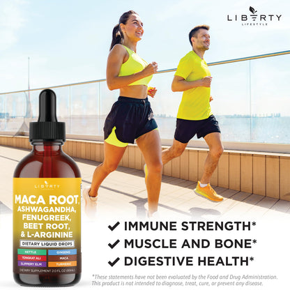 Liberty Lifestyle Organic Maca Root Liquid Drops with Ashwagandha, Nettle, Fenugreek, Beet Root and L-Arginine Liquid Multivitamin for Women and Men - 2oz
