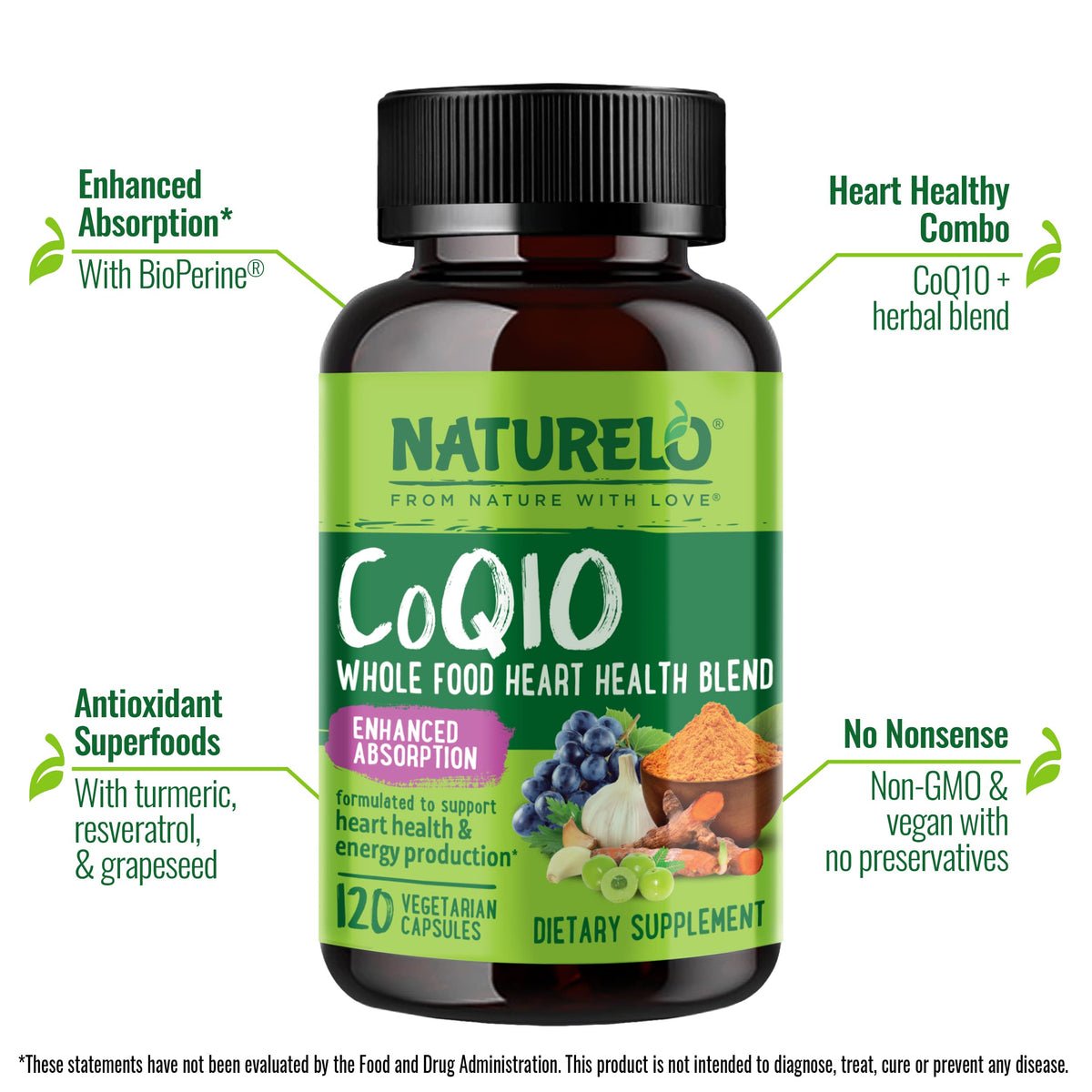 NATURELO Whole Food CoQ10 Supplement, 120 Veg Capsules, Heart Health Blend, Powerful Antioxidant, CoQ10 100mg Supports Energy Production