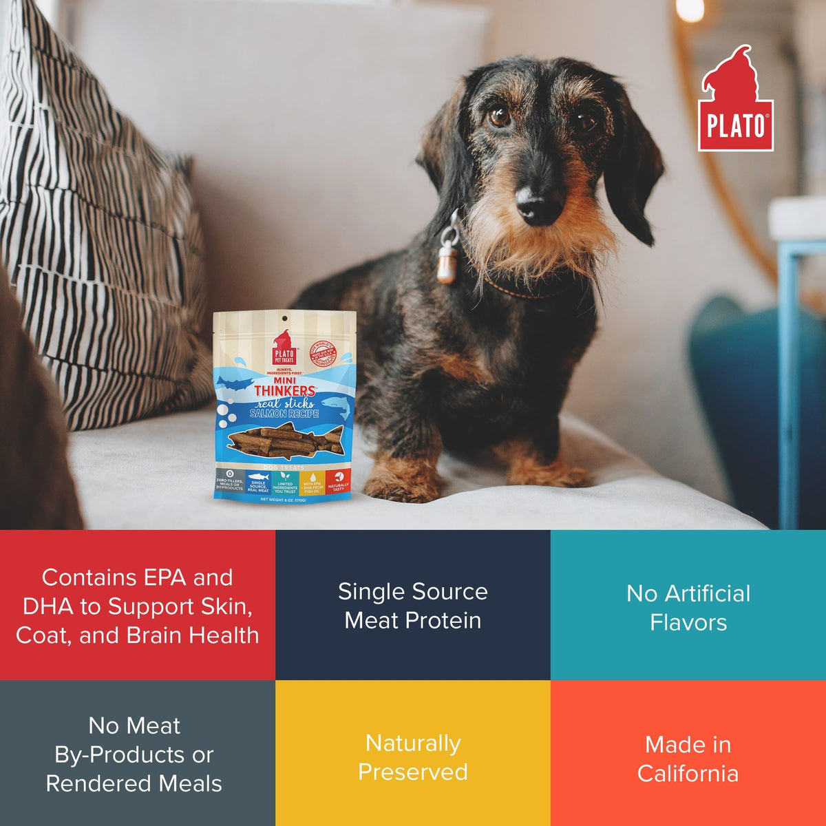 Plato Meat Sticks Salmon Dog Treats, Air-Dried High-Protein Soft Chews with Omega Fish Oil (EPA & DHA), 10 oz