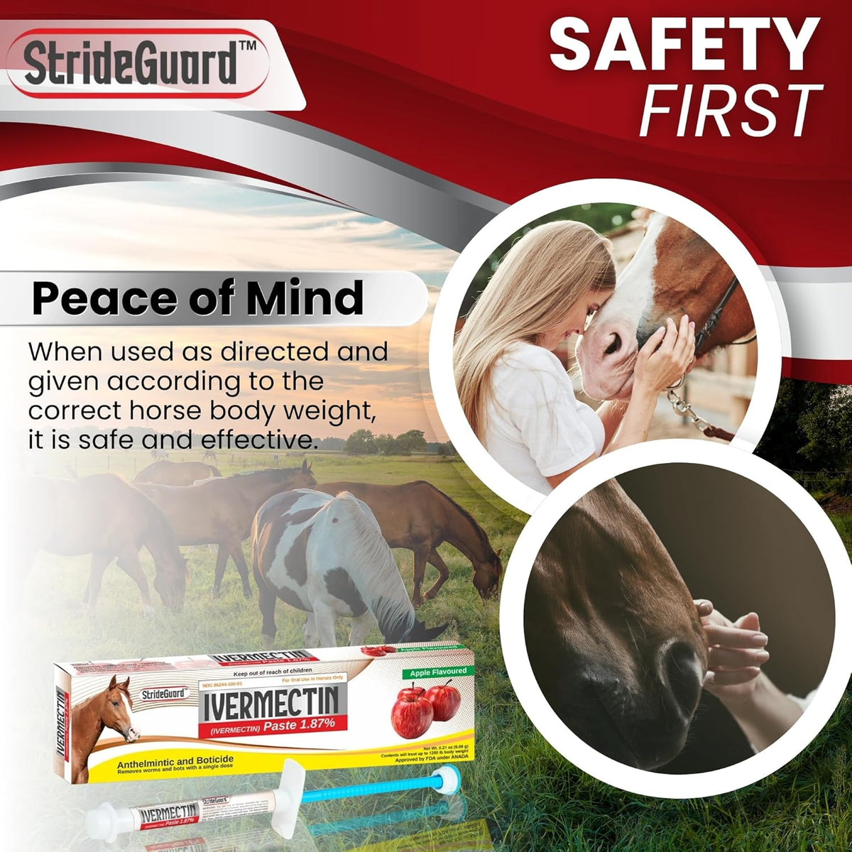 Ivermectin Horse Paste 1.87% – Apple Flavored Oral Horse Dewormer Syringe – 6.08g Tube Treats Horses Up to 1250 LB [Pack-3]