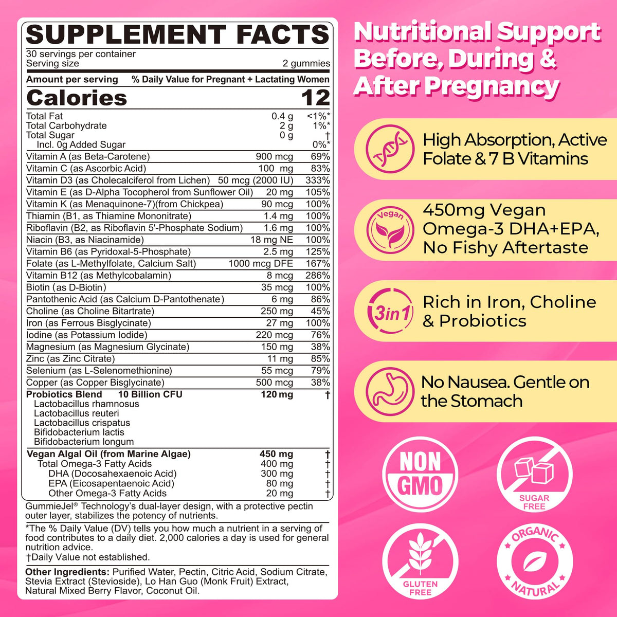 Prenatal Vitamins for Women Multivitamin Gummies w/ Methylfolate 1mg, Choline Omega-3(DHA+EPA) Iron, Postnatal Vitamins for Women Breastfeeding | Before,During & After Pregnancy,Sugar Free,Vegan,60Cts