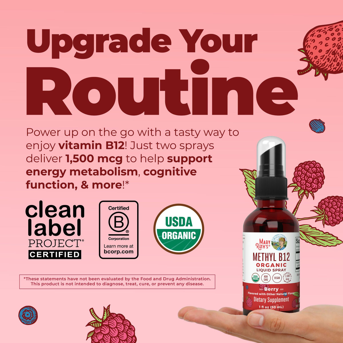 MARYRUTH'S Organic Methyl B12 Spray | 1,500 mcg B12 Per Serving | Methylcobalamin | Energy Metabolism | Cognitive Function | Neuro Health | Vegan | Gluten Free | Sugar Free | 1 Fl Oz