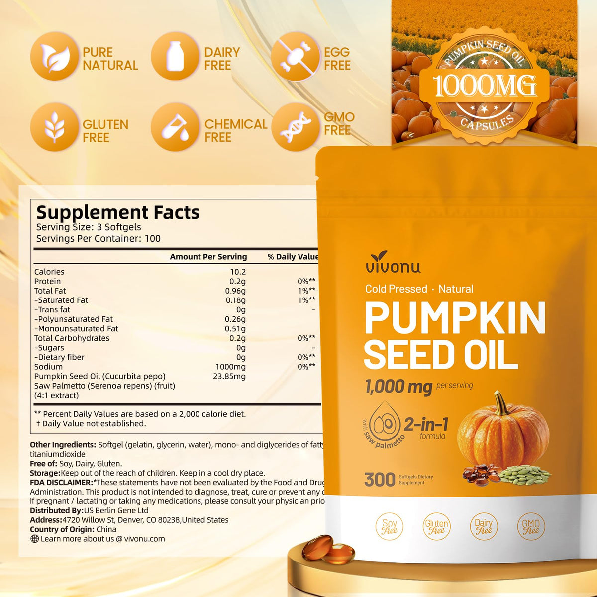 VivoNu Saw Palmetto Capsules Extract 8 in 1, Pumpkin Seed Oil - Supports Prostate Health, Relieves Urination Issues, Supports Hair Growth, DHT Blocker 240 Softgels