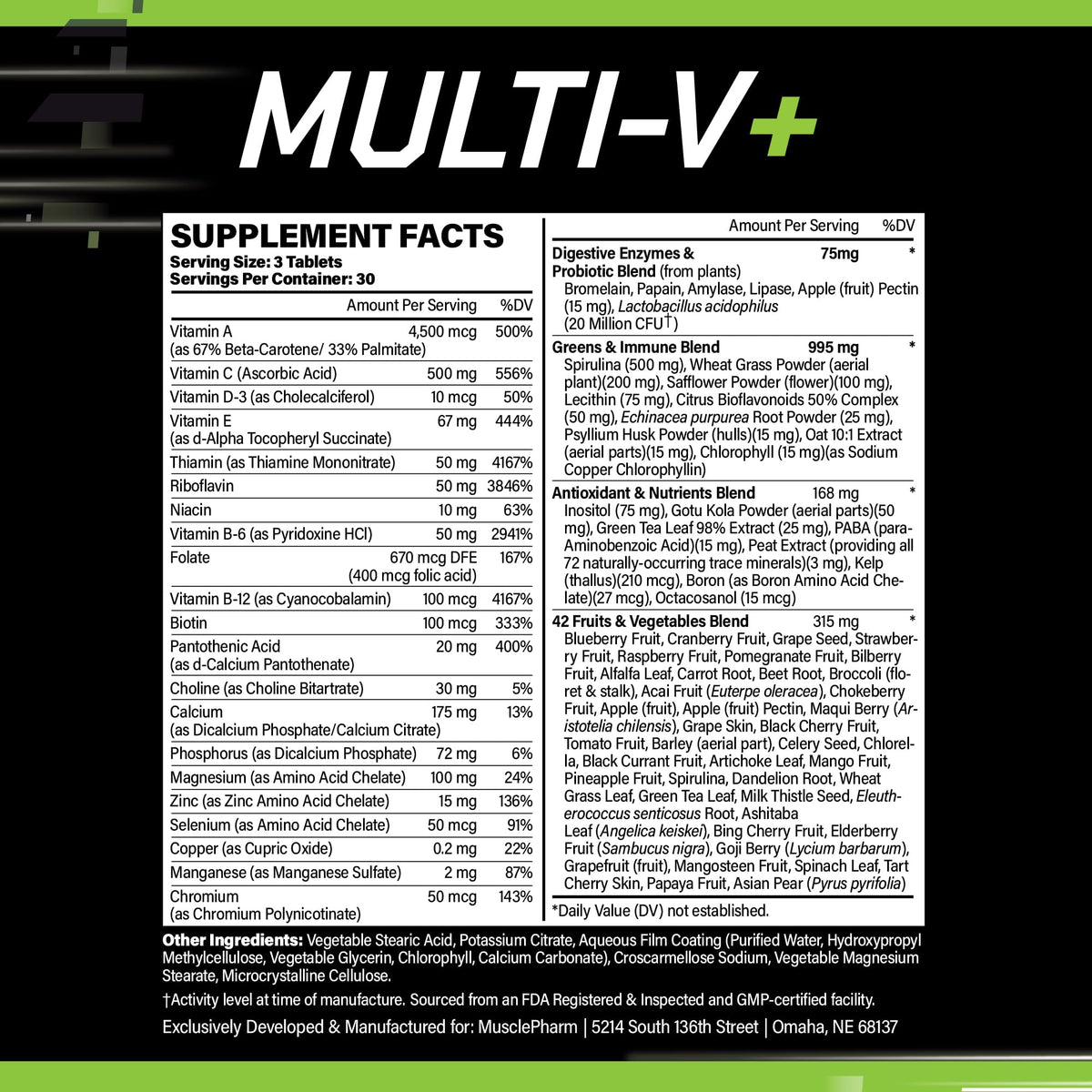 Muscle Pharm Essentials Multi-V+, The Athlete's Multi-Vitamin, Enhanced Energy, Performance & Immune Health, Daily Multivitamin for Men & Women with Minerals Plus Probiotics, 90 Tablets, 30 Servings