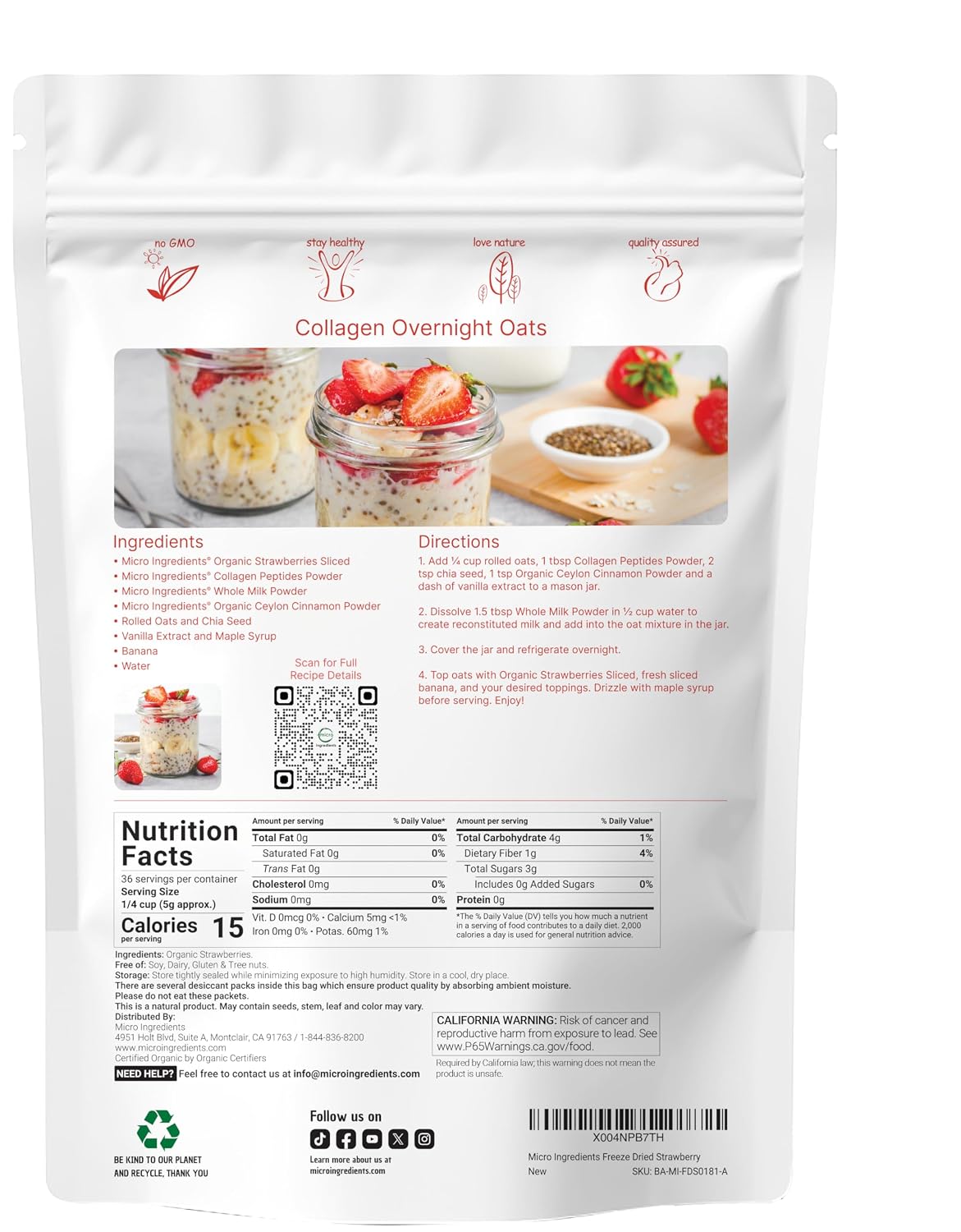 Micro Ingredients Organic Strawberries Sliced, 6.4oz | 100% Natural Fruit | Freeze Dried Strawberry Source | No Sugar & Additives | Healthy Snack & Topping for Beverages or Recipes | Non-GMO, Vegan