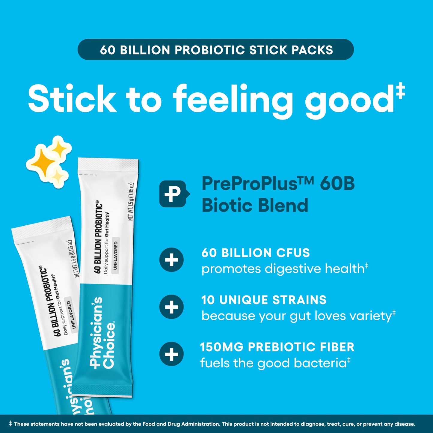 Physician’s Choice 60 Billion CFU Probiotic Stick Packs - 10 Strains + Prebiotics - Immune, Digestive & Gut Health - Supports Occasional Constipation, Diarrhea, Gas & Bloating - for Women & Men - 24CT