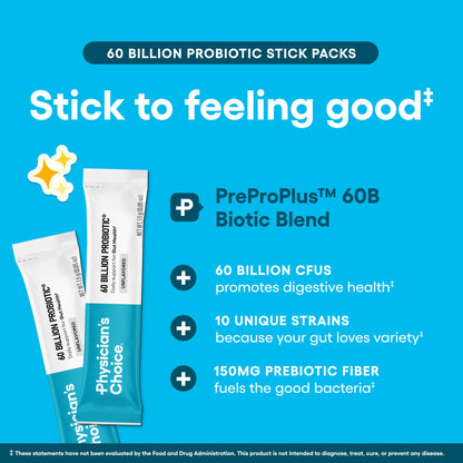 Physician’s Choice 60 Billion CFU Probiotic Stick Packs - 10 Strains + Prebiotics - Immune, Digestive & Gut Health - Supports Occasional Constipation, Diarrhea, Gas & Bloating - for Women & Men - 24CT