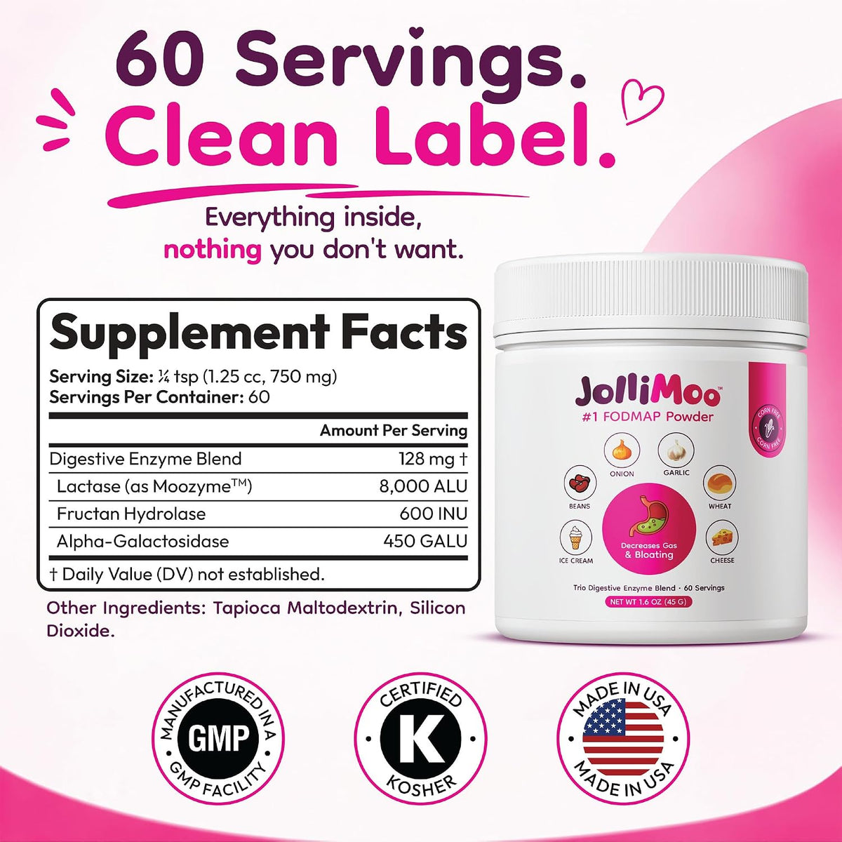 Trio Digestive Enzyme Powder for Gas & Bloating, Low FODMAP | Low FODMAP triple-enzyme powder eases gas & bloating from dairy, wheat, onion, garlic & beans. Corn-free. 60 servings.
