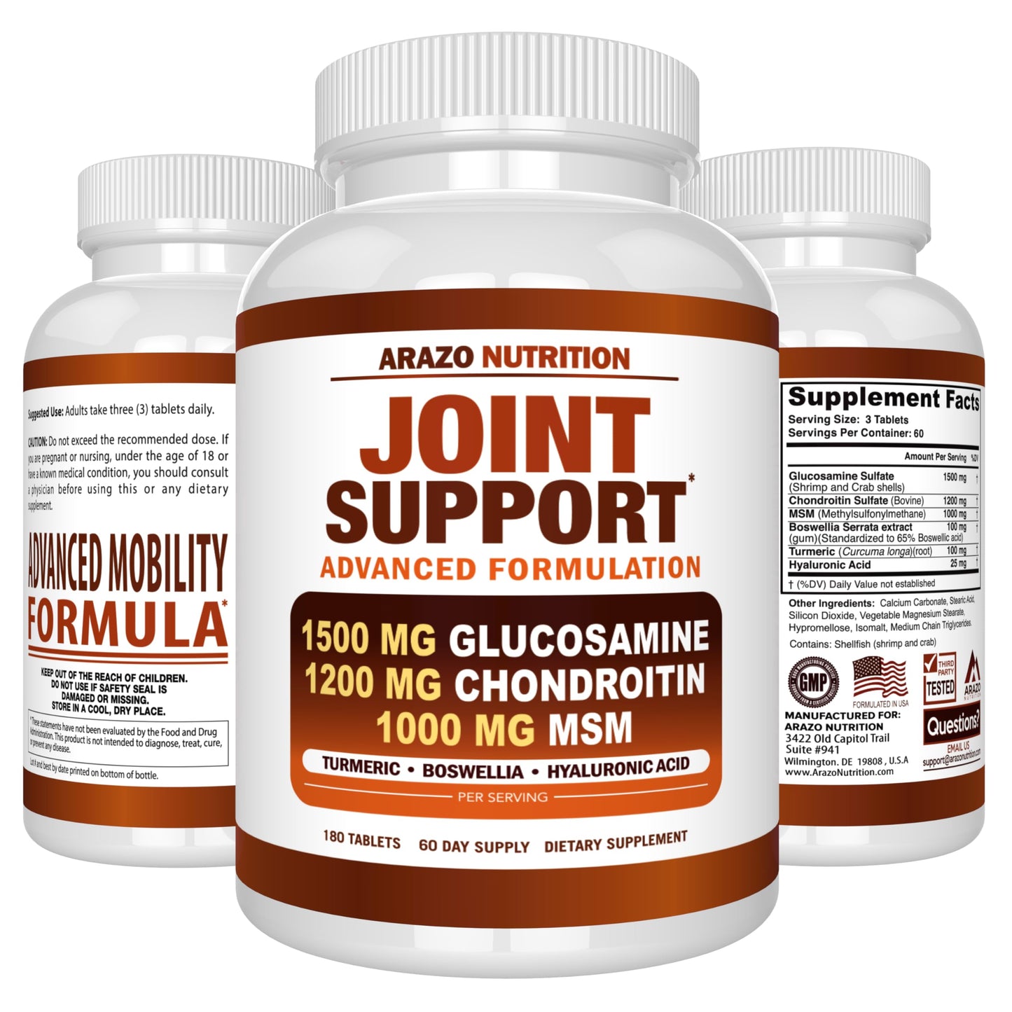 Arazo Nutrition Glucosamine Chondroitin Turmeric Msm Boswellia - Joint Support Supplement for Relief 180 Tablets for Bones, Back,