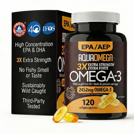 AQUAOMEGA 3X Extra Strength Omega-3 Fish Oil for Heart, Brain & Immune Support, 1636mg EPA, 544mg DHA + Vitamin D3, Full Natural Triglyceride Form,