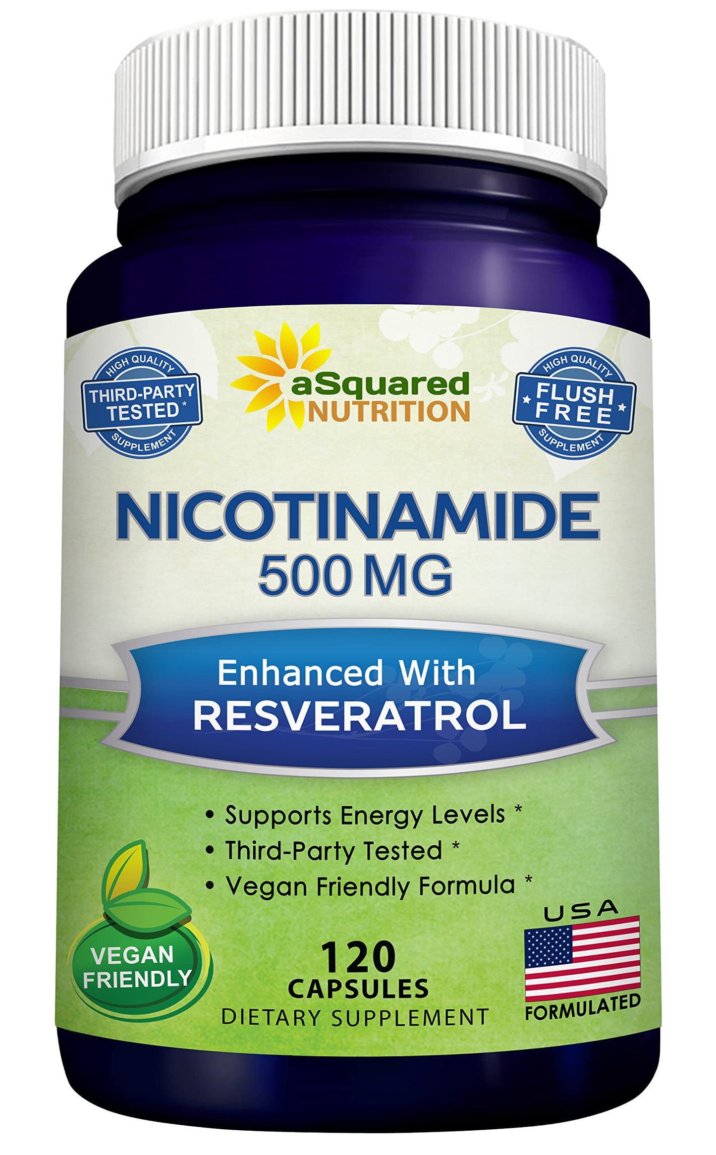 aSquared Nutrition Nicotinamide with Resveratrol - 120 Veggie Capsules - Vitamin B3 500mg (Niacinamide Flush Free)