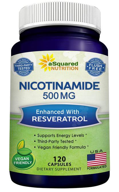 aSquared Nutrition Nicotinamide with Resveratrol - 120 Veggie Capsules - Vitamin B3 500mg (Niacinamide Flush Free)