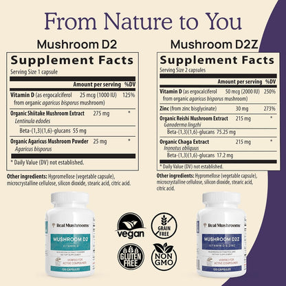 Real Mushrooms Zinc and Vitamin D2 Capsules – with Organic Chaga and Reishi Mushroom Extracts – Vitamins for Overall Wellness Support – Vegan, Non-GMO, Gluten-Free – 120 Count Mushroom Supplement